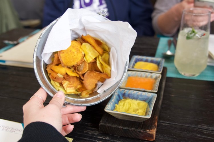 mixed potato chips and three pepper dips